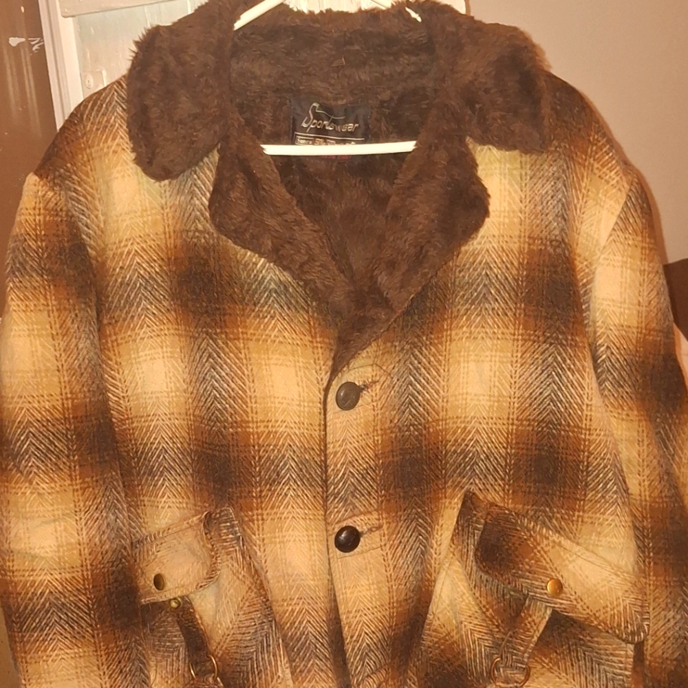 Sears Brown Plaid Pea Coat with Faux Fur Collar
